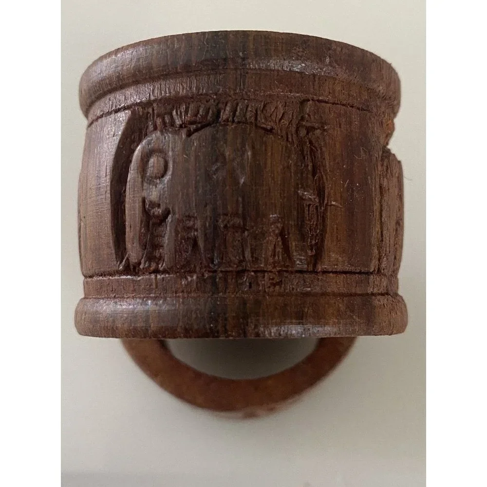 Vintage Elephant Retro Boho Hand Carved Wood Napkin Rings Holders India Set Of 8